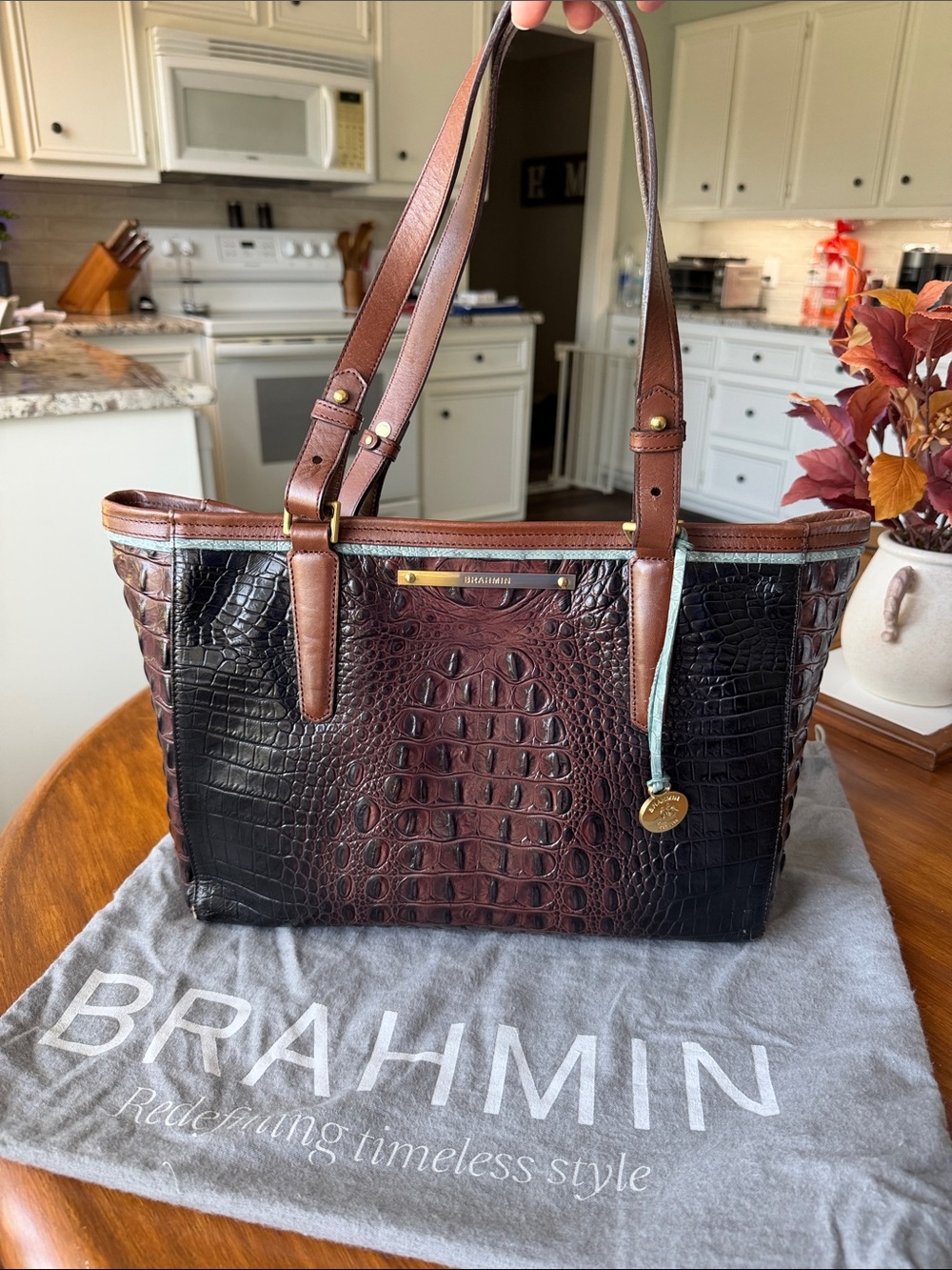 Brahmin Croc-Embossed Tote in Black and Brown with Gold Accents